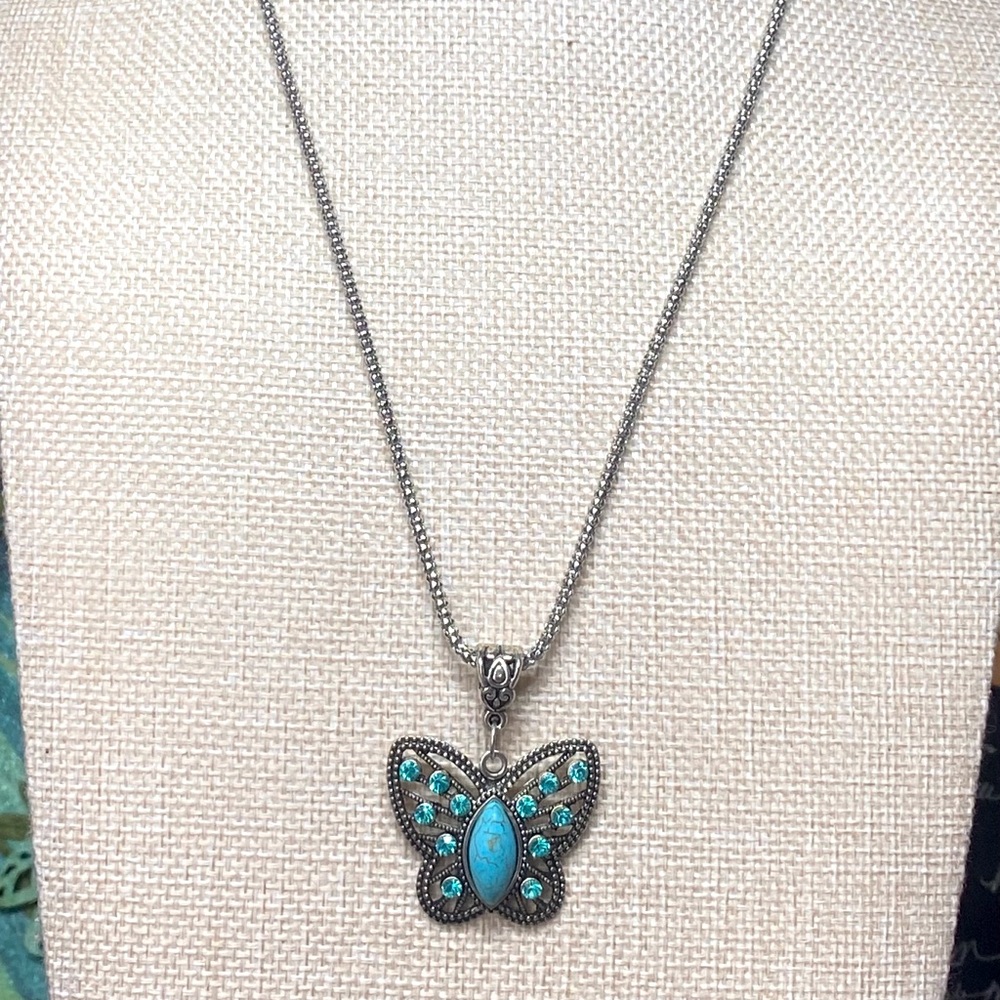 Silver Butterfly Pendant Necklace W/ Sparkling Rhinestones & Teal Howlite - Picture 2 of 4
